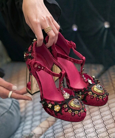 Embellished T-Strap Heels